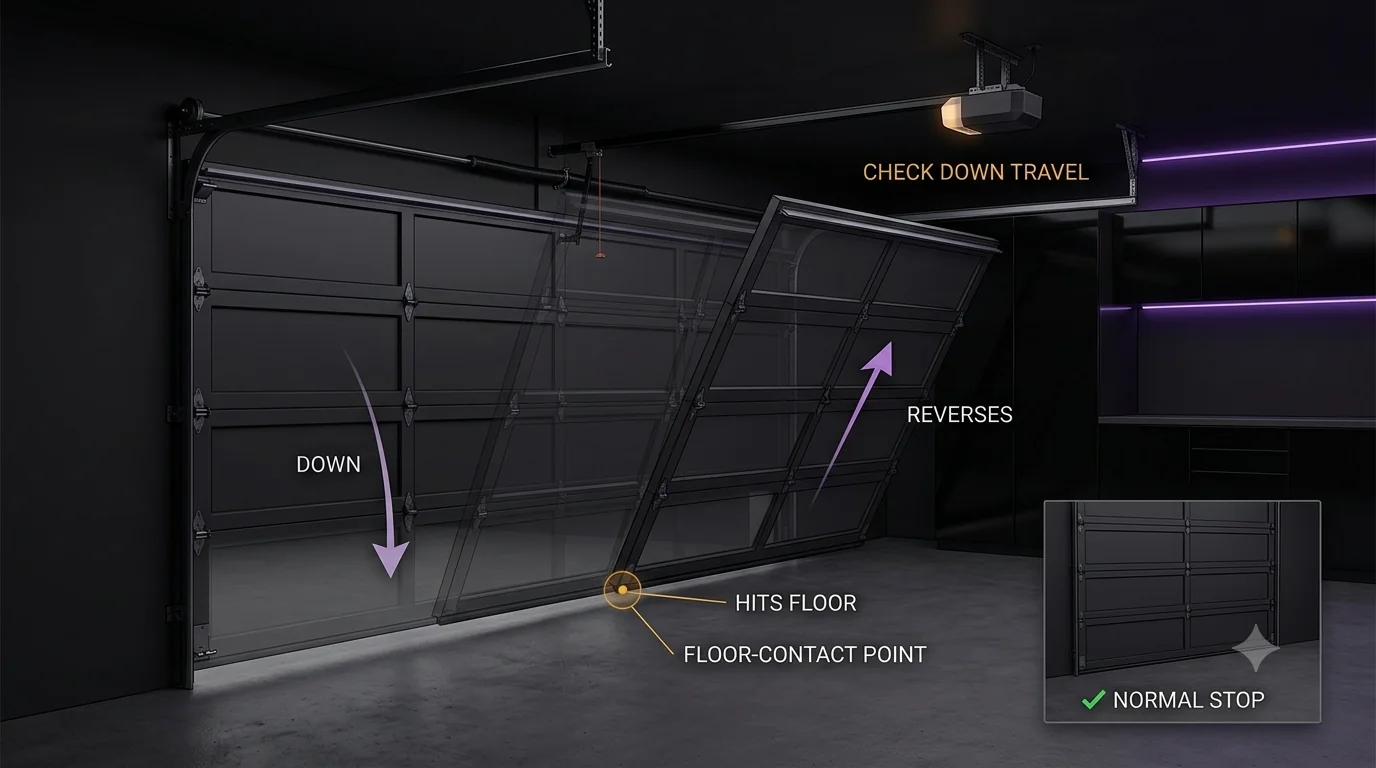 Garage door motion illustration showing the door moving down, contacting the floor, then reversing upward, with a normal-stop inset and a down-travel check cue.