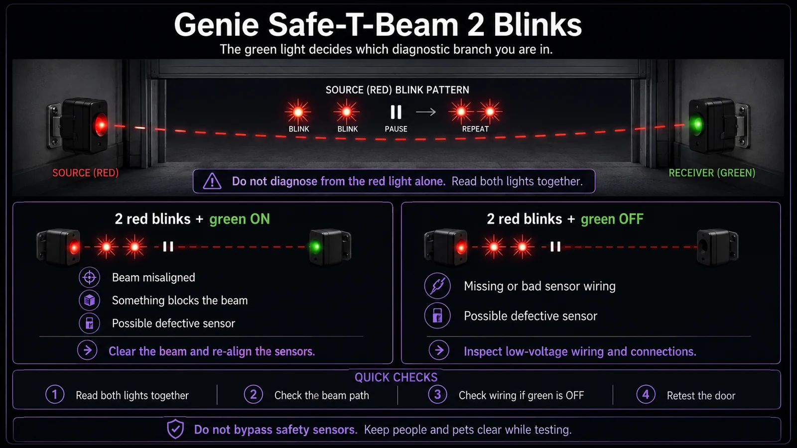 Genie Safe-T-Beam diagnostic infographic showing two red source-light blinks with the green receiver light on versus off and the different alignment, obstruction, wiring, and sensor-fault branches.