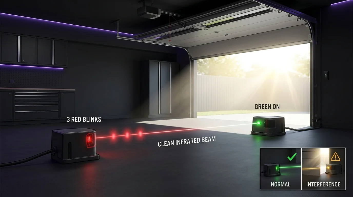 Genie Safe-T-Beam illustration showing three red source LED blinks with the green receiver LED on and sunlight interference affecting the infrared safety beam.