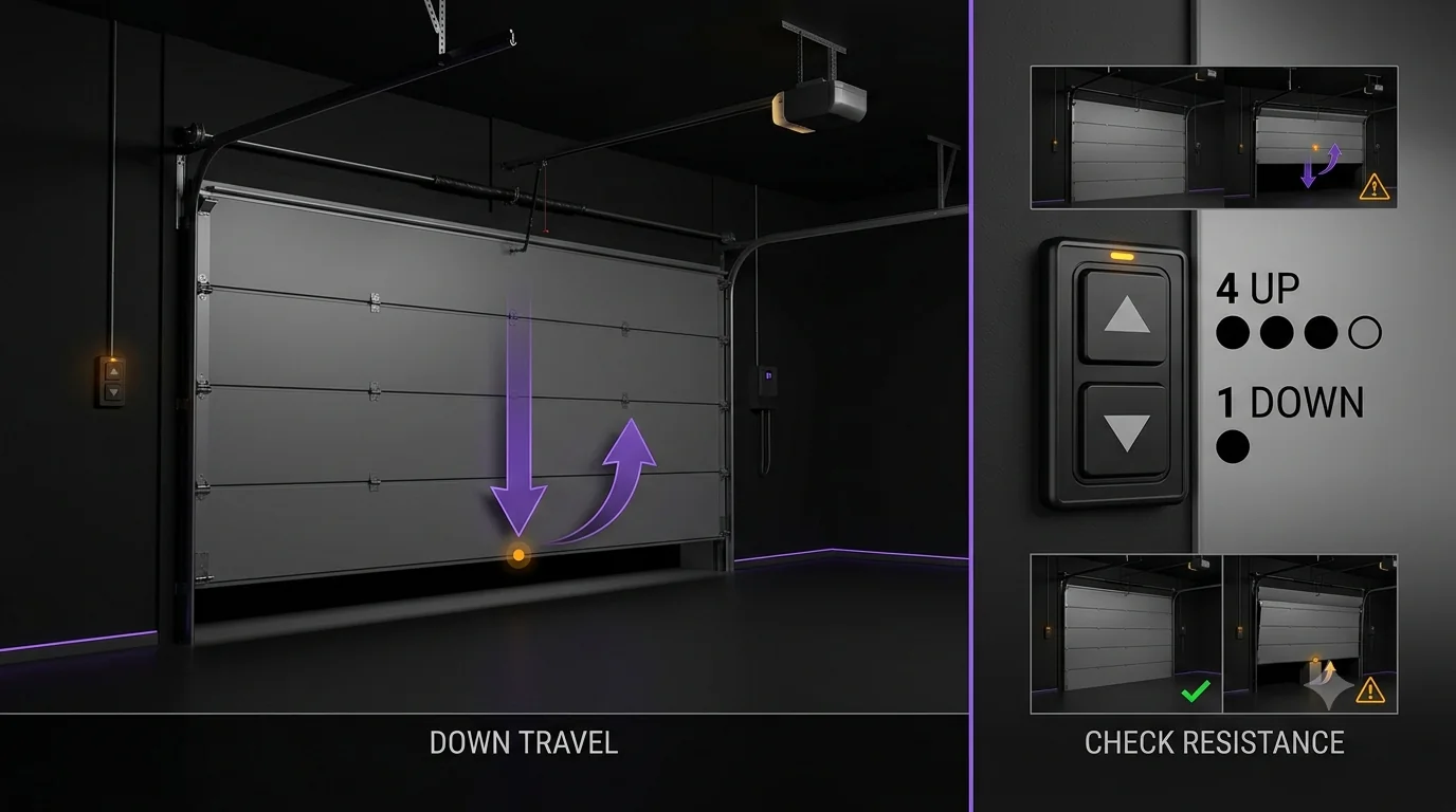 LiftMaster and Chamberlain-style 4 UP 1 DOWN garage door opener diagnostic illustration showing down travel, reversal, and a resistance/travel branch.