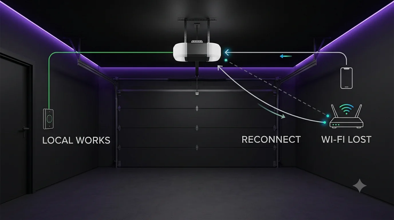 Smart garage illustration showing local wall-control operation still working while the opener loses its Wi-Fi connection after a router change and needs to reconnect.
