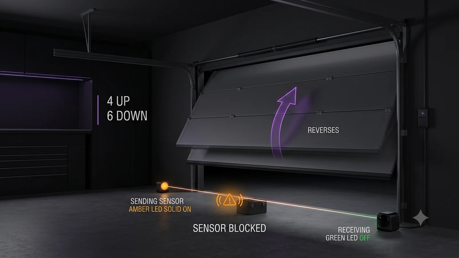 Garage door opener diagnostic illustration for code 4 UP 6 DOWN showing a steady amber sending sensor, an off green receiving sensor, a blocked safety beam, and the door reversing during a close attempt.