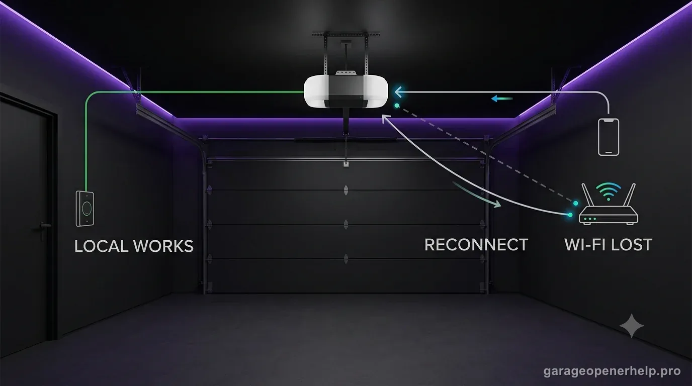 Smart garage illustration showing local wall-control operation still working while the opener loses its Wi-Fi connection after a router change and needs to reconnect.