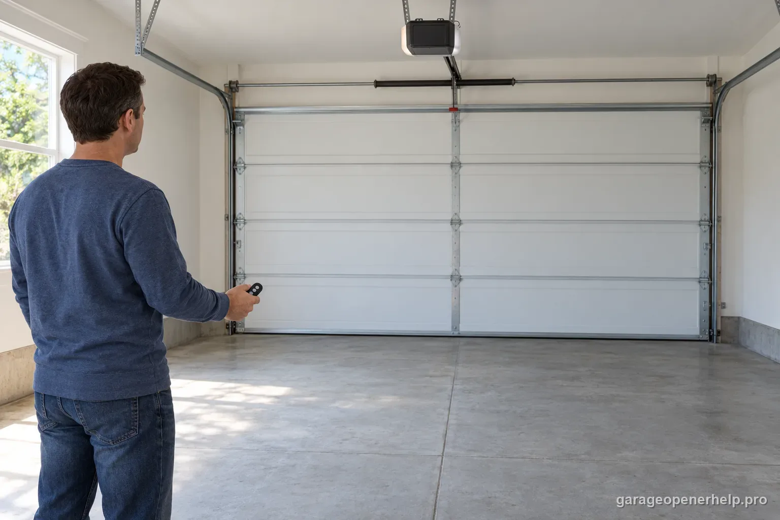 Homeowner standing outside the clear path of a closed garage door while checking one generic three-button remote assignment.