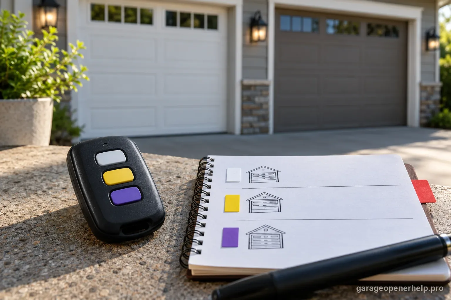 Generic three-button garage remote beside a simple three-row notebook map with colored tabs for separately identified garage door receivers.