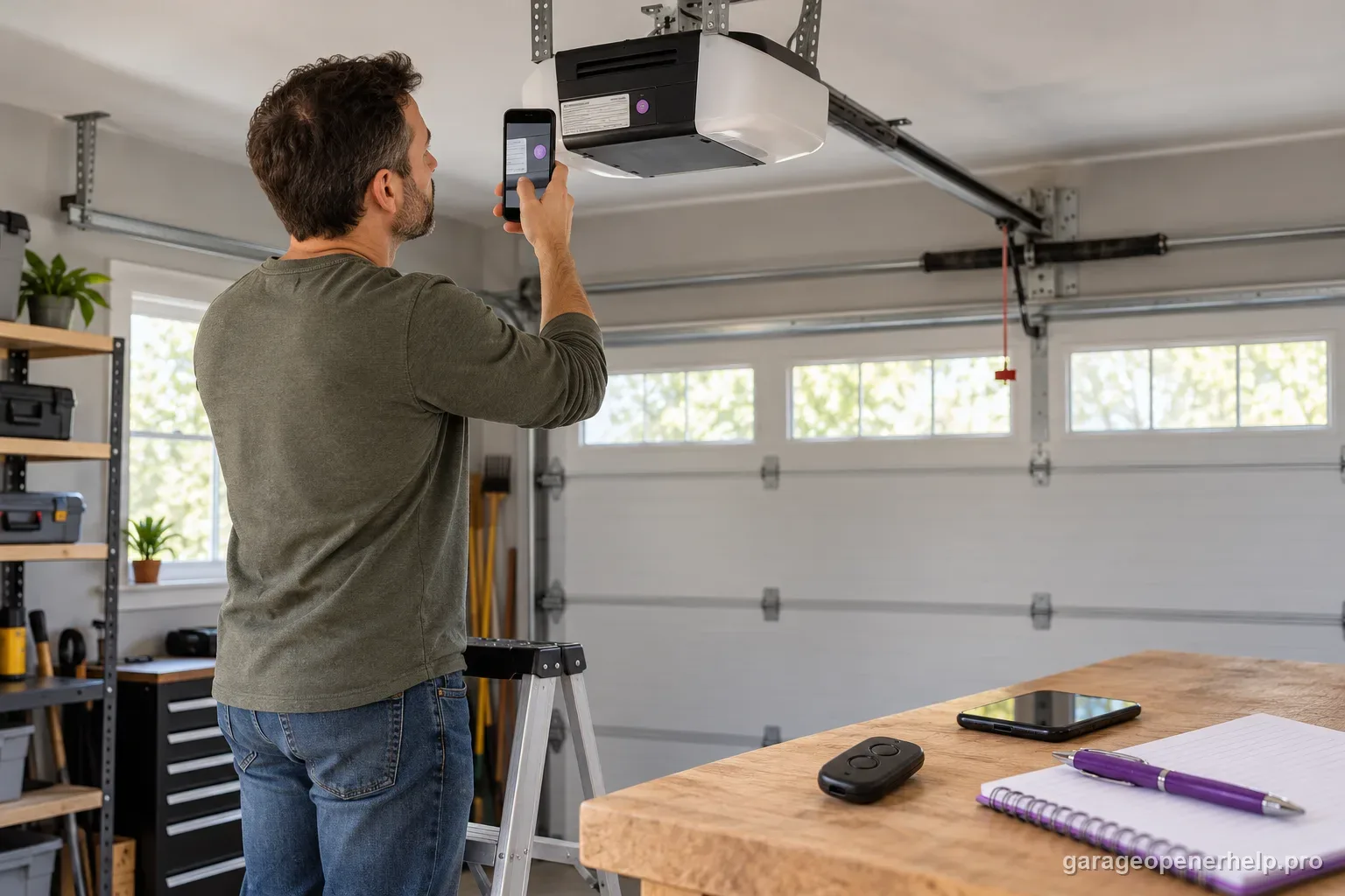 Homeowner safely photographing the model label and Learn button on a stationary garage door opener while the door remains closed.