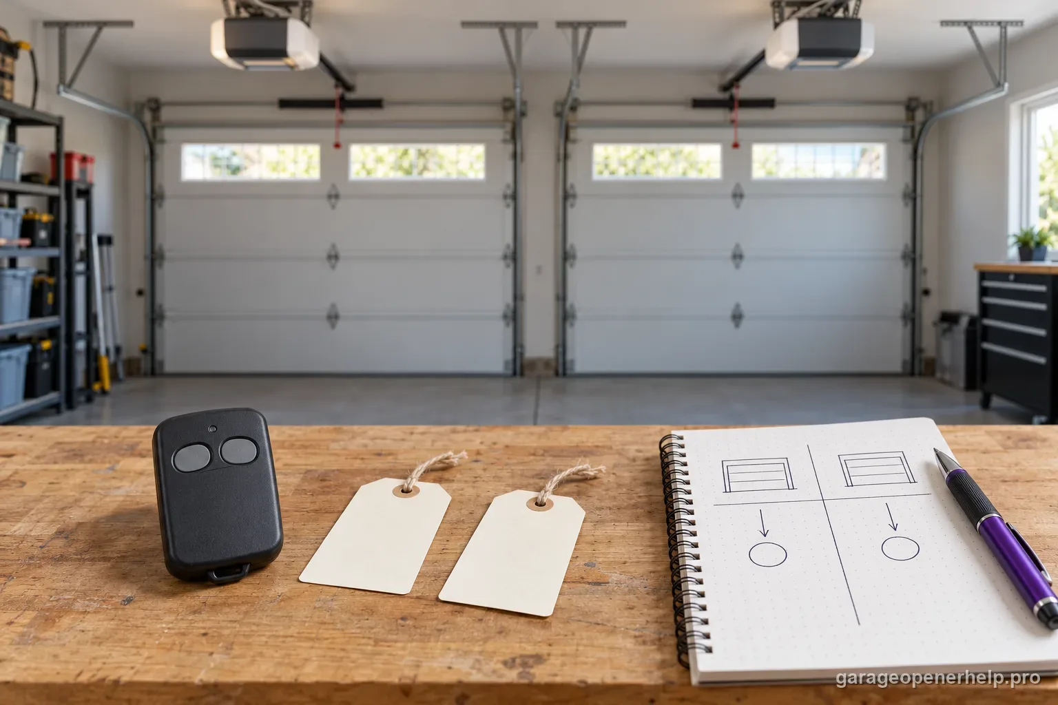 Plain two-button garage remote beside two blank tags and a notebook mapping each remote button to one of two closed garage doors.