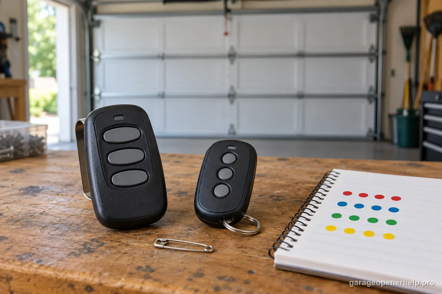 Two generic three-button garage remotes showing a larger visor style and smaller keychain style beside a plain safety pin and color-dot setup chart.