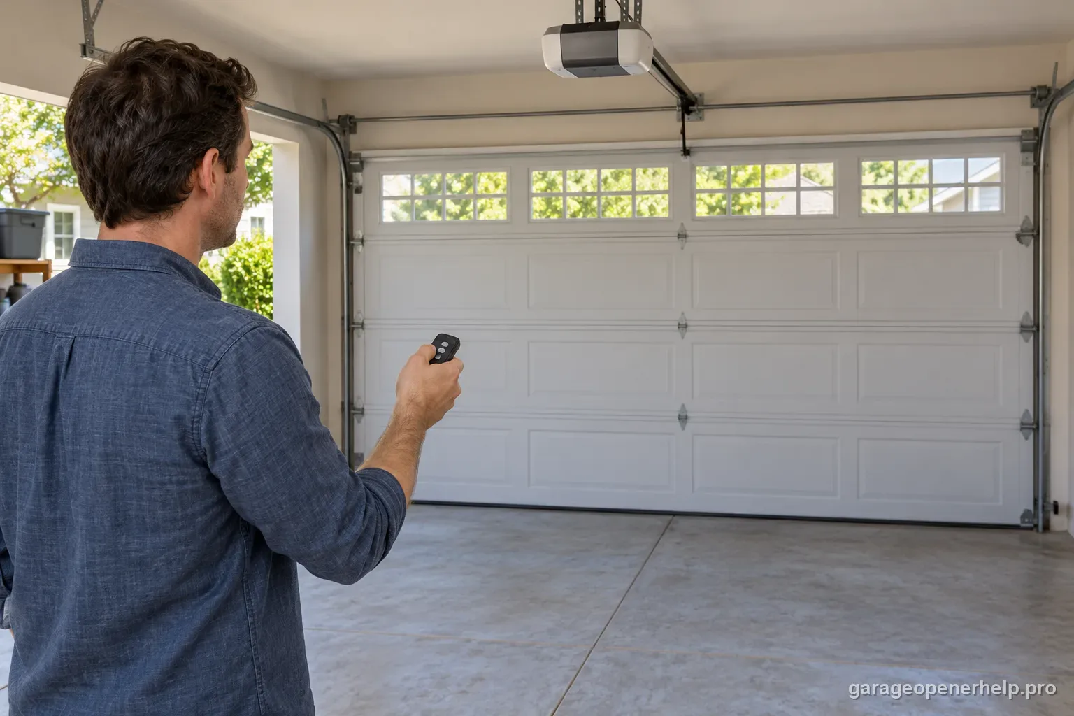 Homeowner standing clear of a closed garage door and watching the full doorway while holding a generic remote after pairing.