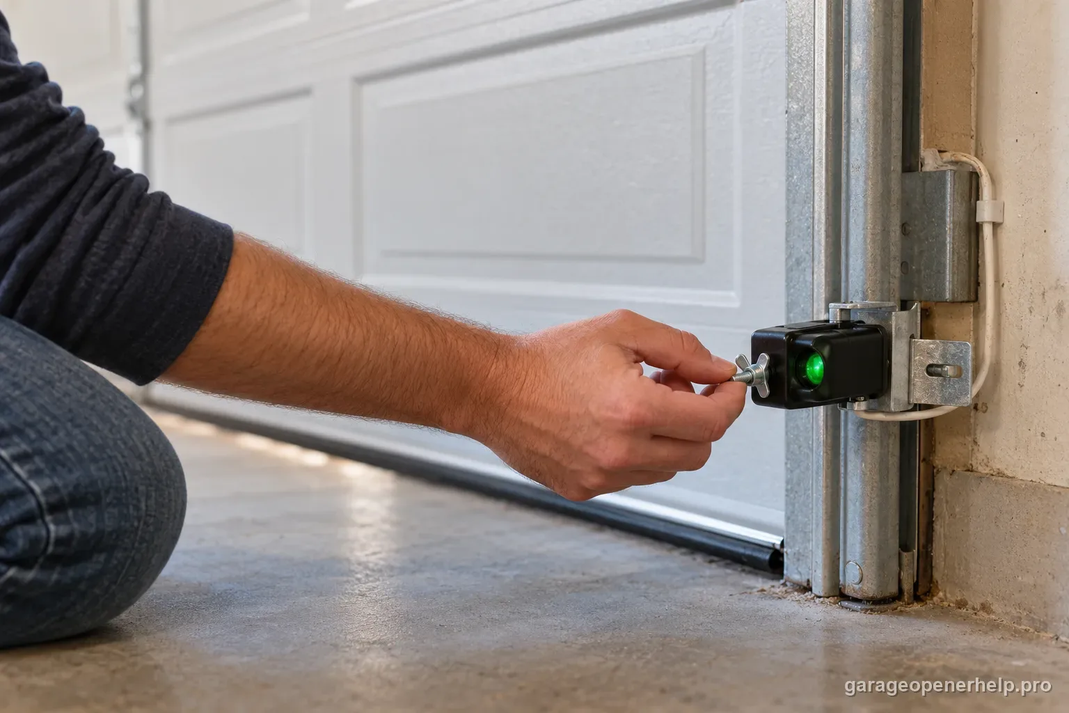 Close view of a green receiving photo-eye sensor being gently aligned by its wing nut while the garage door stays closed.