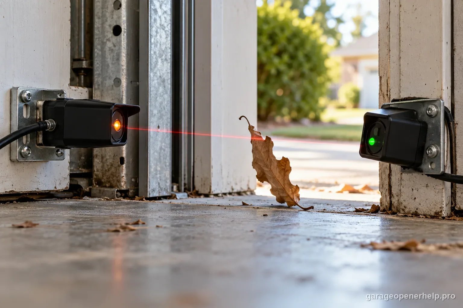 Amber sender and green receiver photo eyes facing one another across a residential garage doorway, with a leaf in the low beam path.