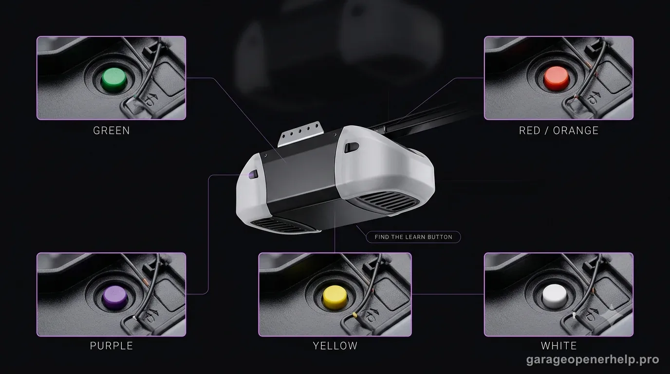 Garage door opener LEARN button examples showing green, red or orange, purple, yellow, and white buttons around a generic powerhead.