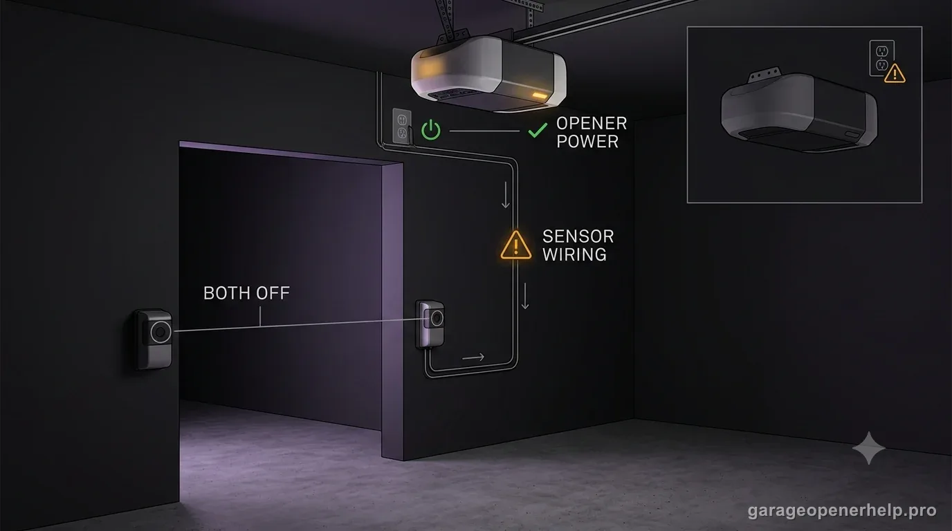 Garage door safety-sensor troubleshooting illustration showing both photo-eye LEDs off while the opener has power, with the low-voltage sensor-wiring path highlighted and an alternate no-AC-power state.