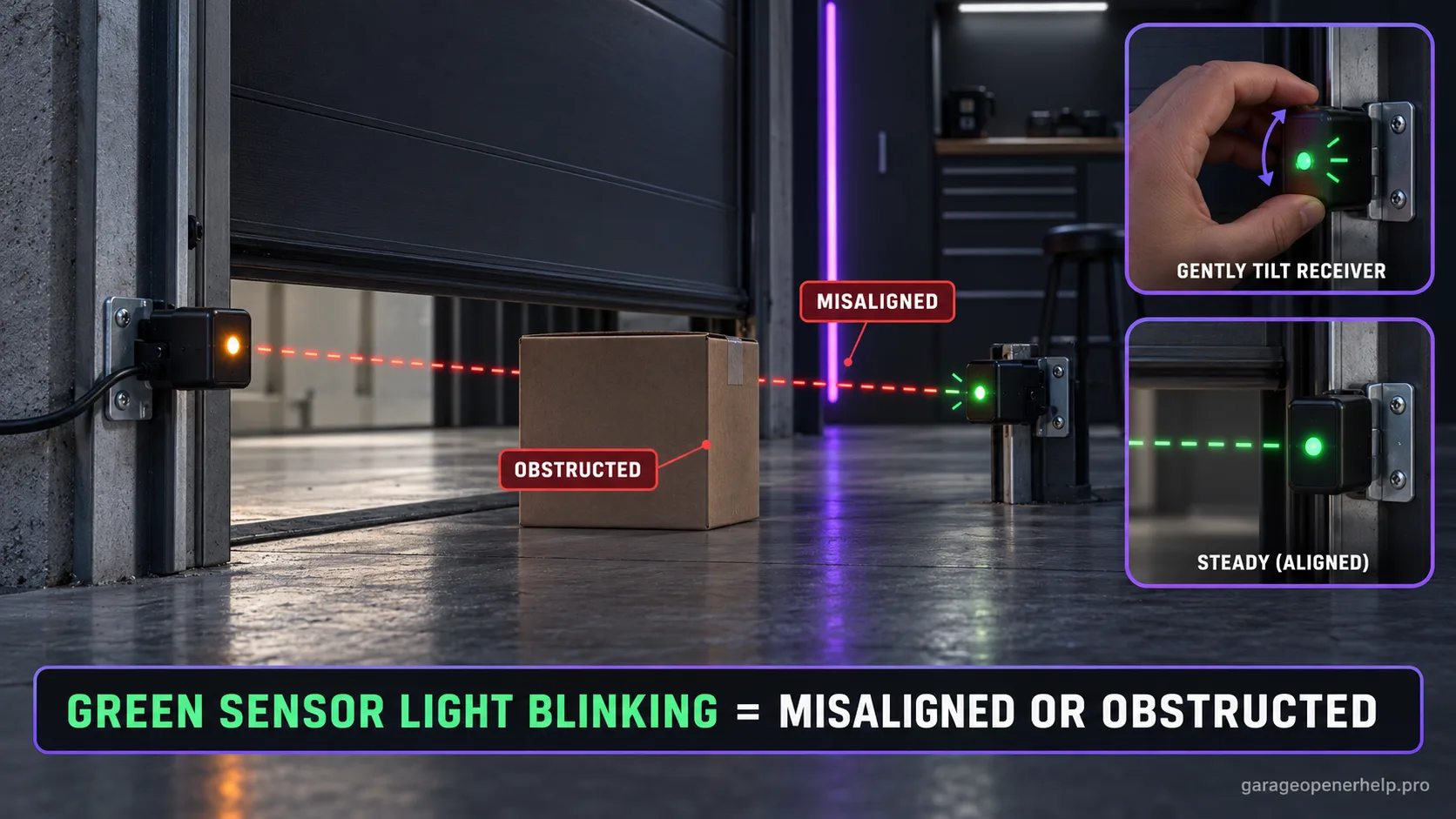Chamberlain photo-eye pair with the amber LED solid and the green receiving LED blinking, the beam shown off-axis and partly obstructed, with the receiver being tilted to steady.