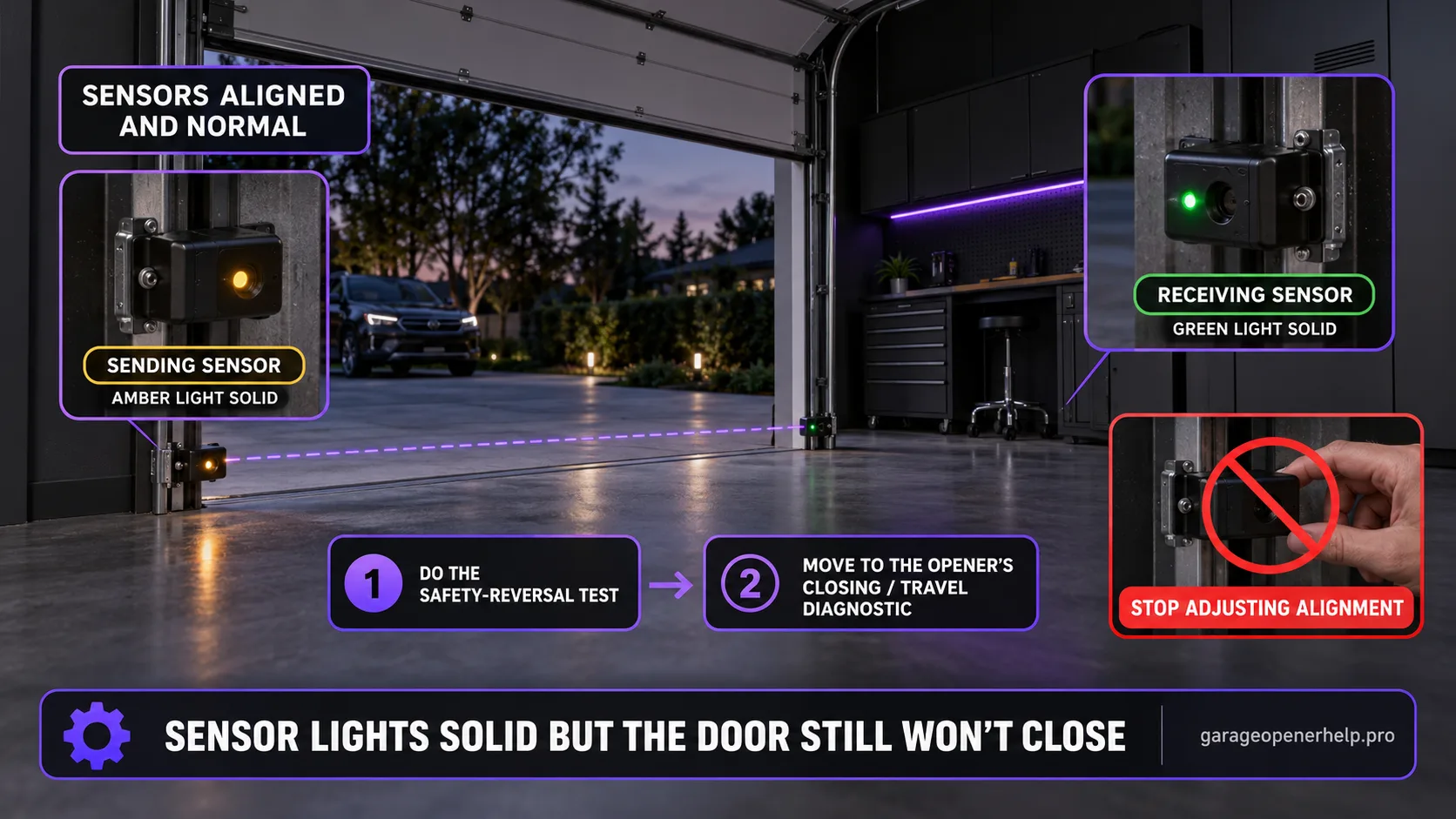 Chamberlain photo-eye pair with both LEDs solid and labelled aligned and normal, while the door stays open, with steps to run the safety-reversal test and move to the closing diagnostic.