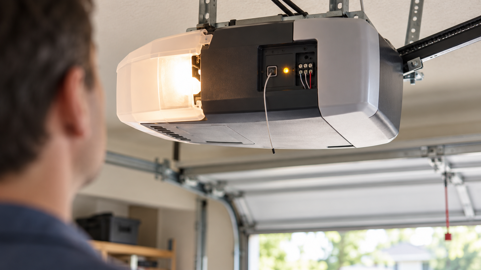 View of the side of a garage-door opener powerhead showing the LEARN button near the antenna wire and indicator light.