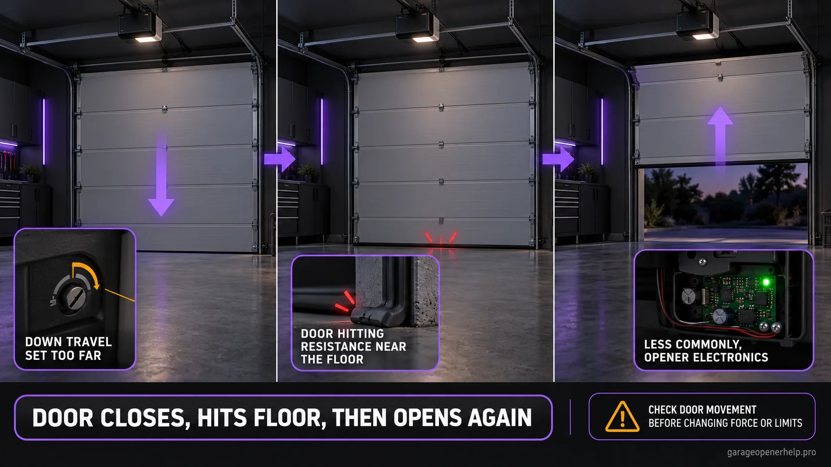 Three-frame sequence of a garage door reaching the floor, compressing its seal, then reversing back up, with callouts for down travel set too far, resistance near the floor, and opener electronics.