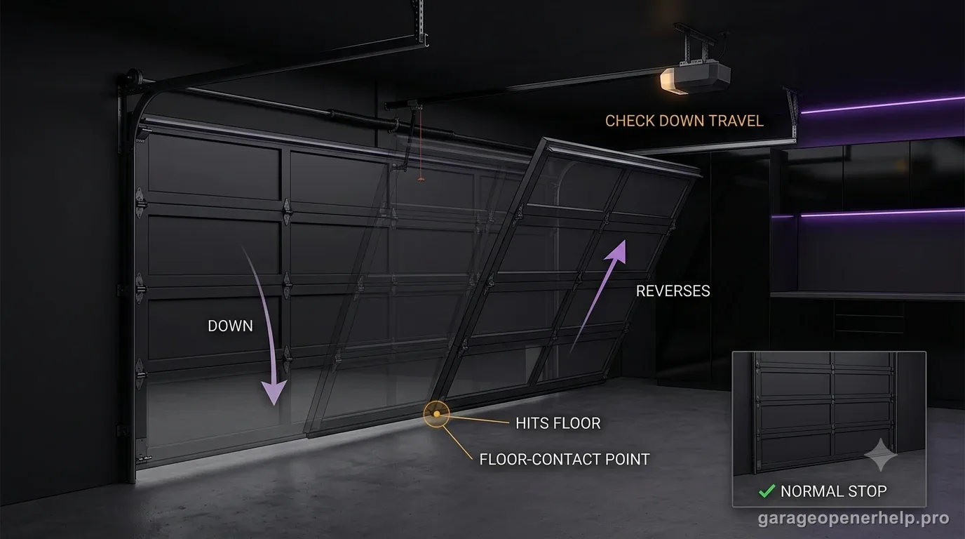 Garage door motion illustration showing the door moving down, contacting the floor, then reversing upward, with a normal-stop inset and a down-travel check cue.