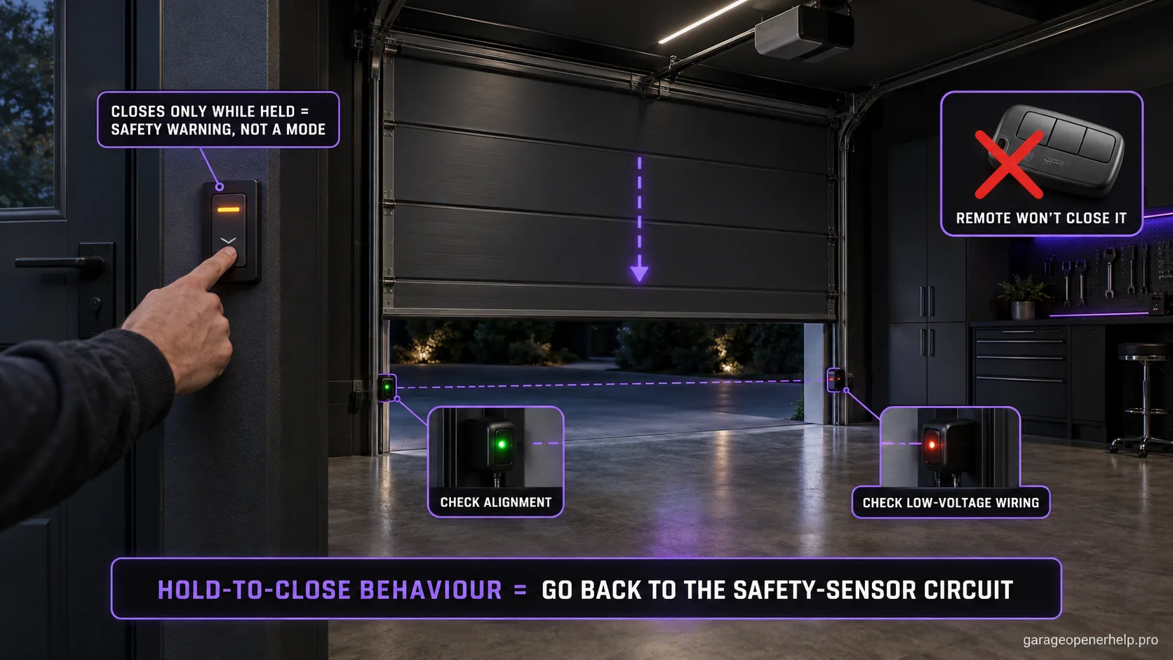 A hand holding the wired wall control while the garage door creeps down only while held, with the photo-eye pair highlighted and a remote shown unable to close the door.