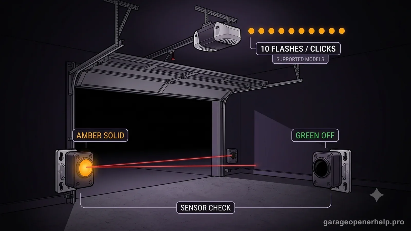 Garage door opener troubleshooting illustration showing ten flashes or clicks from the opener on supported models, a steady amber sending sensor, and a dark green receiving sensor with the beam failing to reach it.