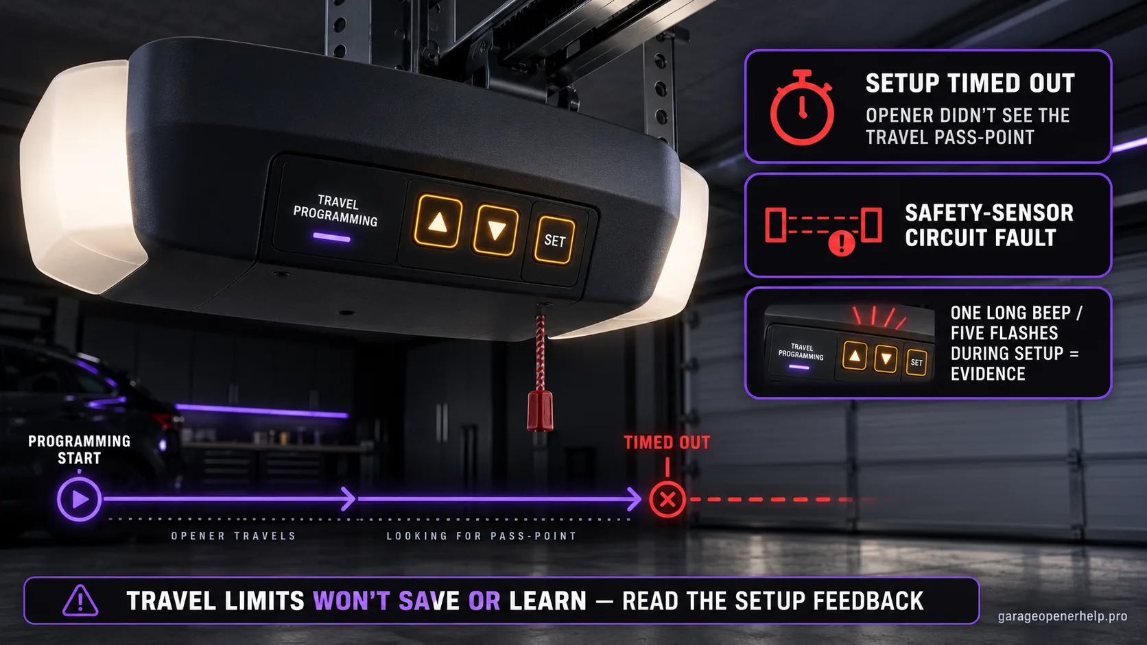 Chamberlain trolley powerhead in travel-programming mode with a timeline showing the setup timing out, plus callouts for a missed travel pass-point and a safety-sensor circuit fault.