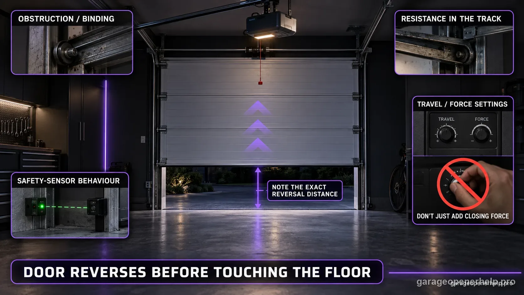 Garage door reversing while still above the floor with the reversal distance marked, and callouts for obstruction, track resistance, safety-sensor behaviour and travel or force settings.