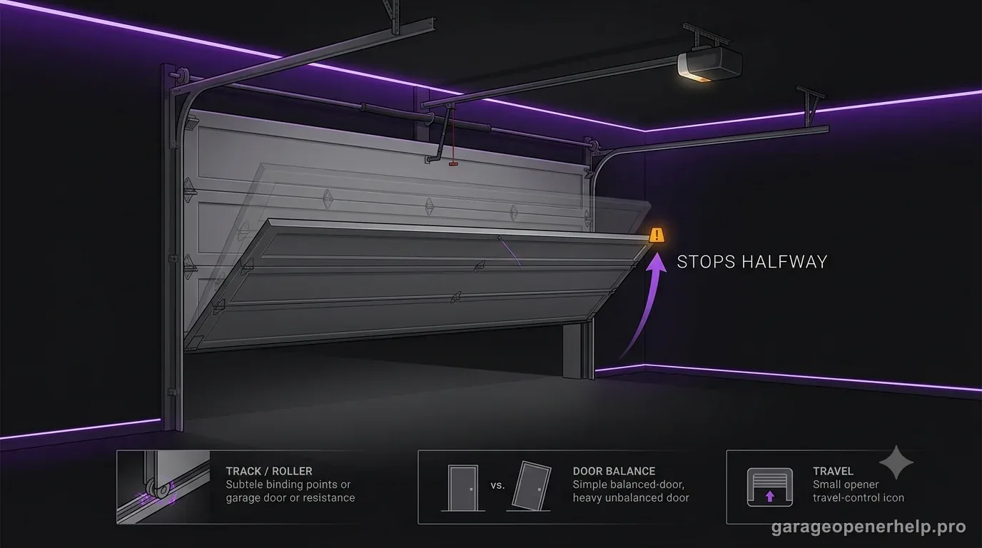 Garage door motion illustration showing the door opening and stopping halfway with track or roller resistance, door balance, and travel settings shown as separate diagnostic branches.