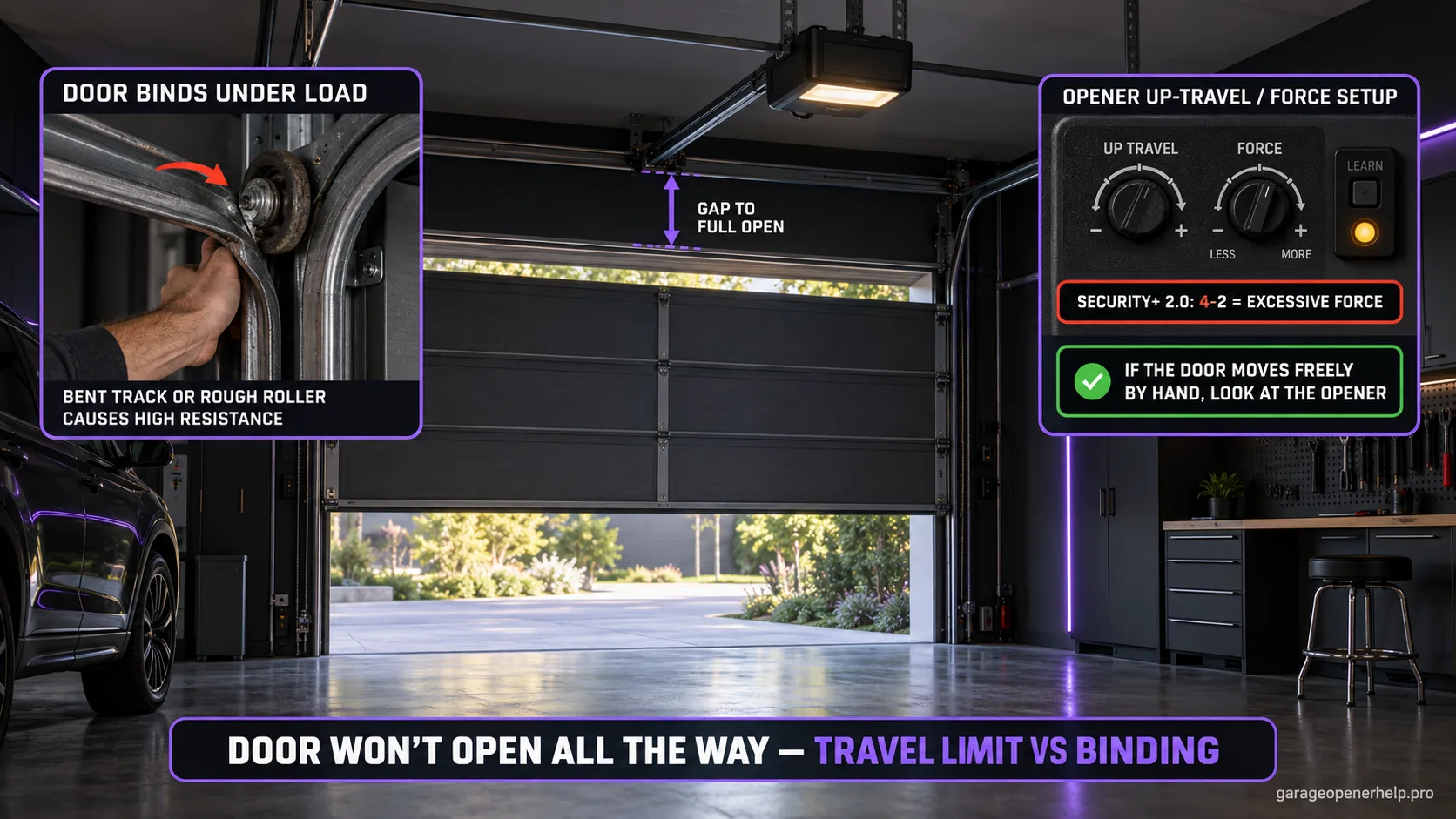Garage door stopped three-quarters open with a gap marked to full open, split callouts for a door that binds under load versus the opener's UP-travel and force setup.
