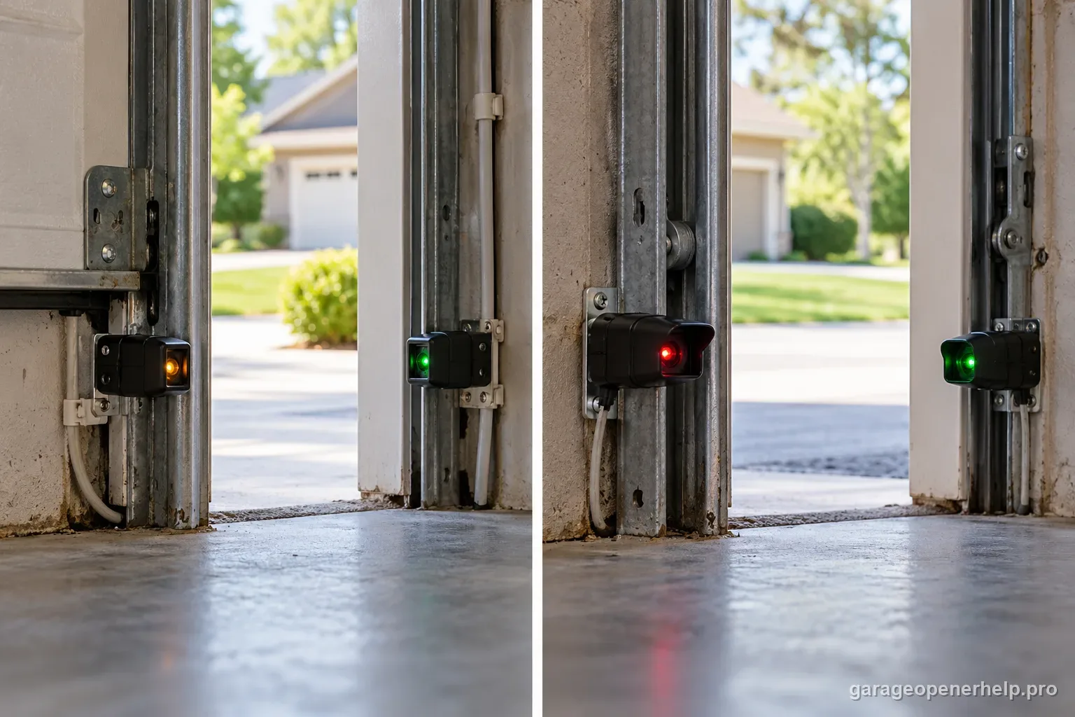 Two garage photo-eye pairs shown side by side: one steady amber and green pair and one steady red and green pair.