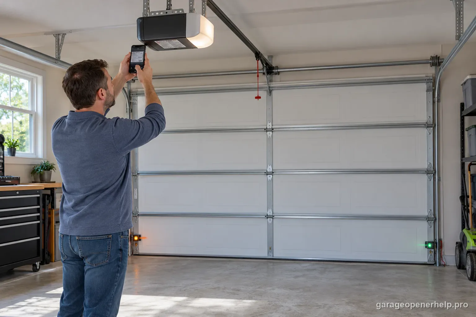 Homeowner standing on the garage floor using a phone to read an opener model label while amber and green sensor LEDs glow steadily near the closed door.