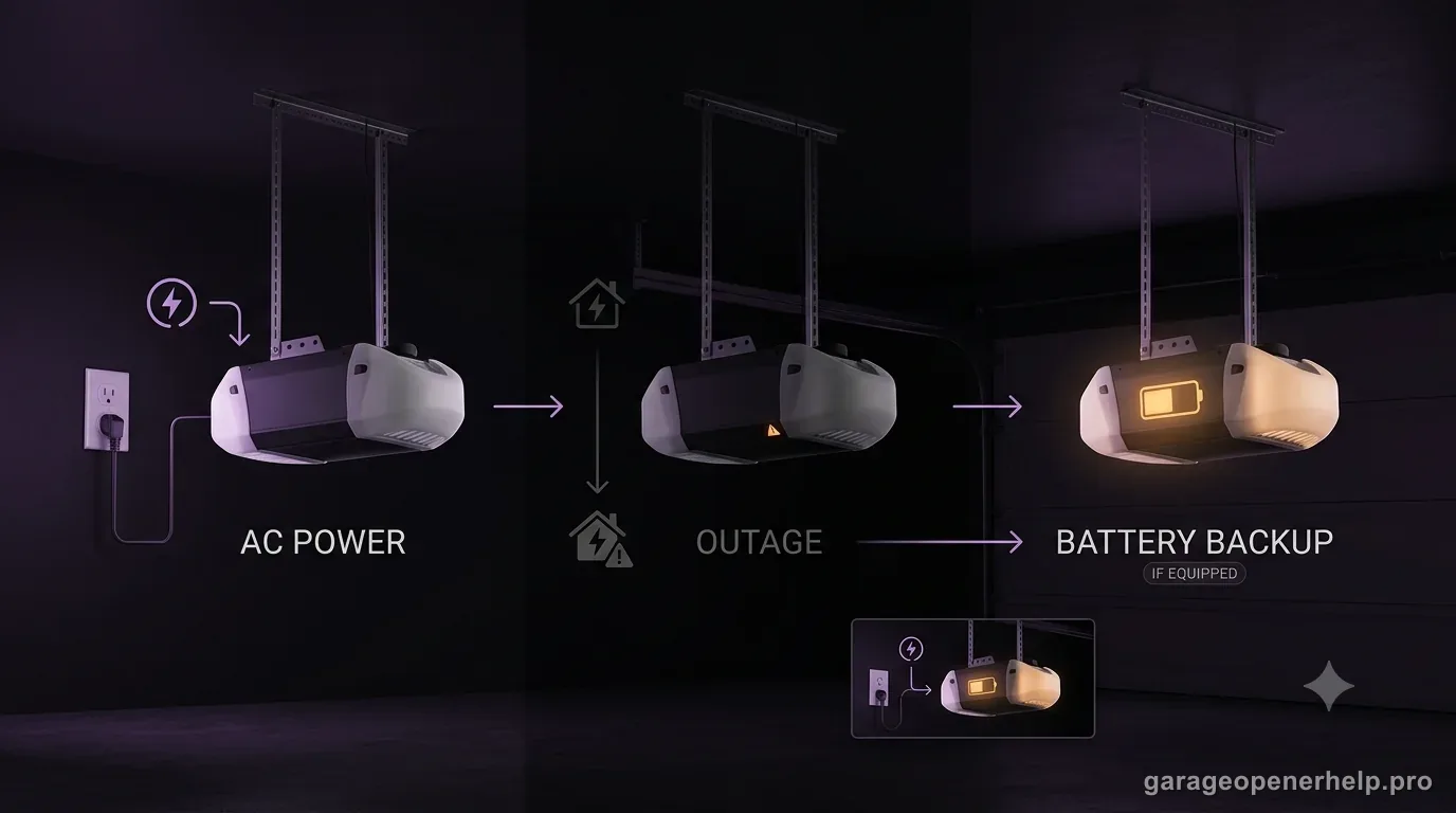 Garage door opener power-state illustration showing normal AC power, a utility outage, and battery-backup operation if the opener is equipped with backup power.