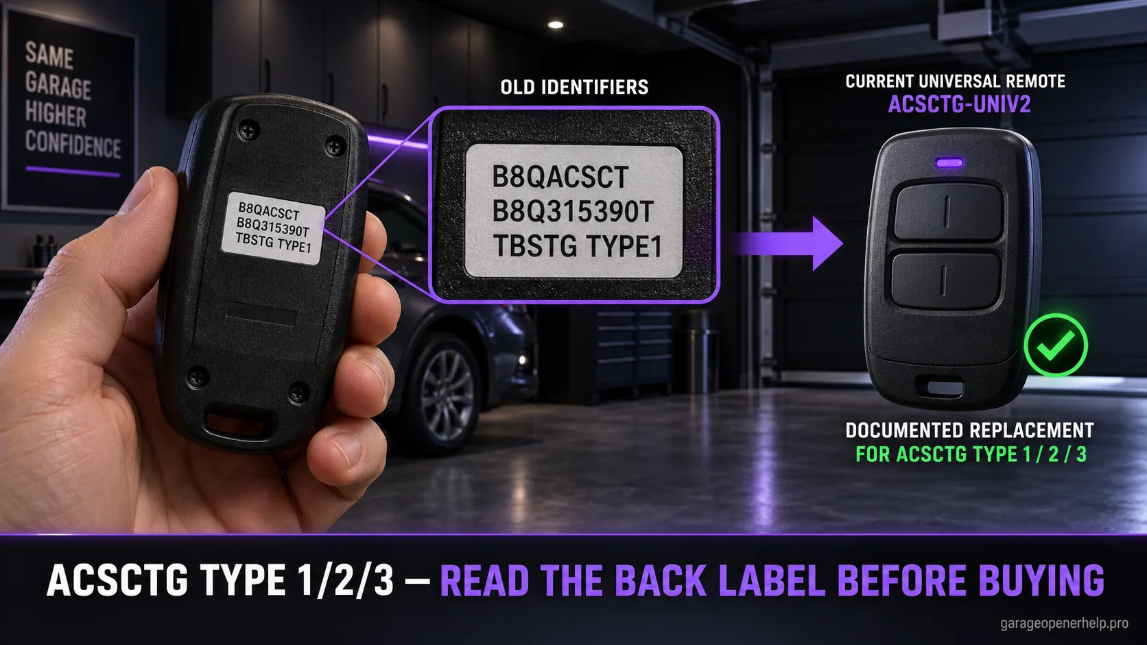 A hand holding a Genie ACSCTG remote turned over to show back-label identifiers like B8QACSCT and TBSTG Type1, with an arrow to a current ACSCTG-UNIV2 universal remote.