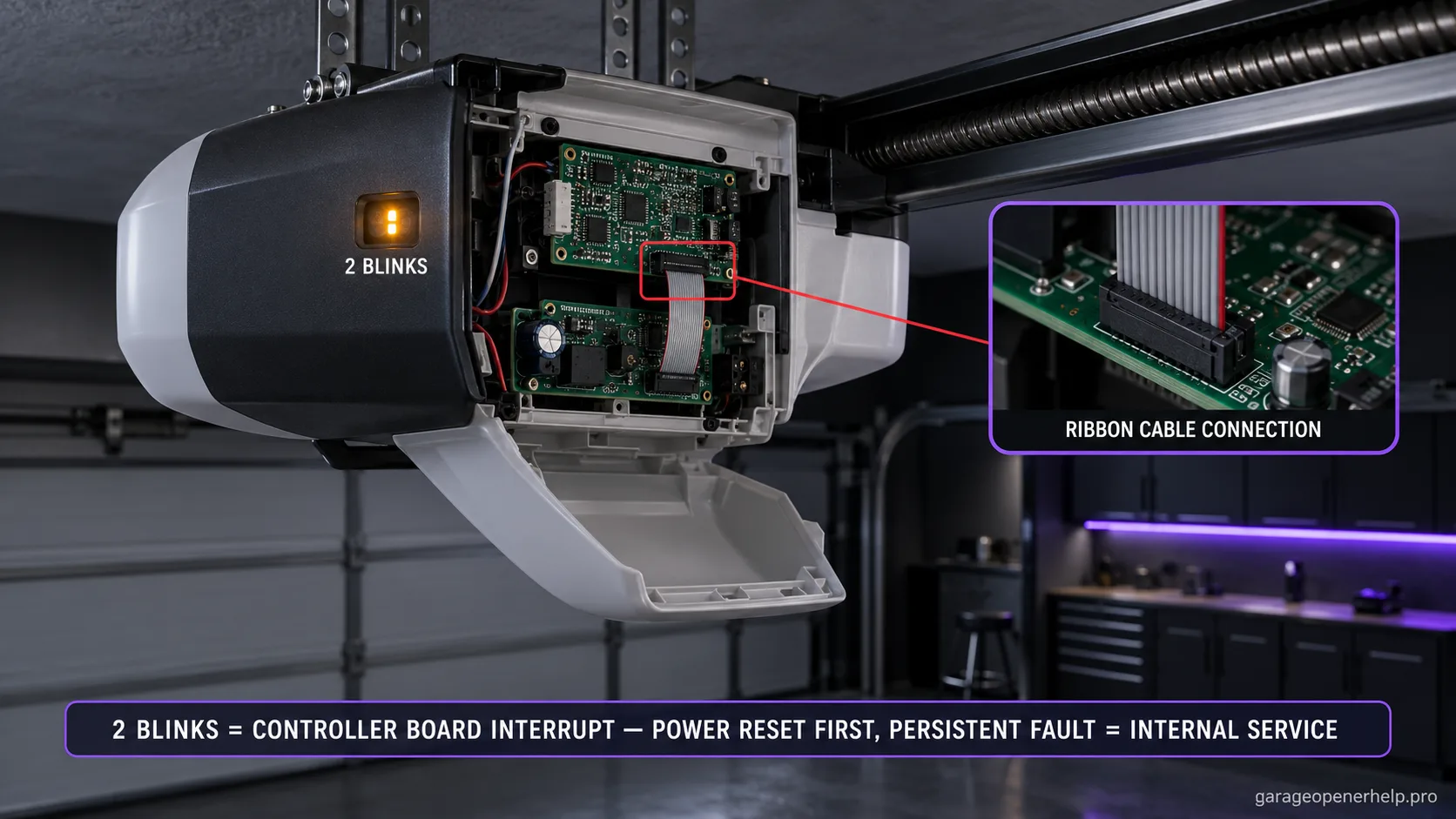 Cutaway of a Genie Excelerator powerhead showing the motor drive board and controller board joined by a ribbon cable, with the ribbon-cable connector highlighted.