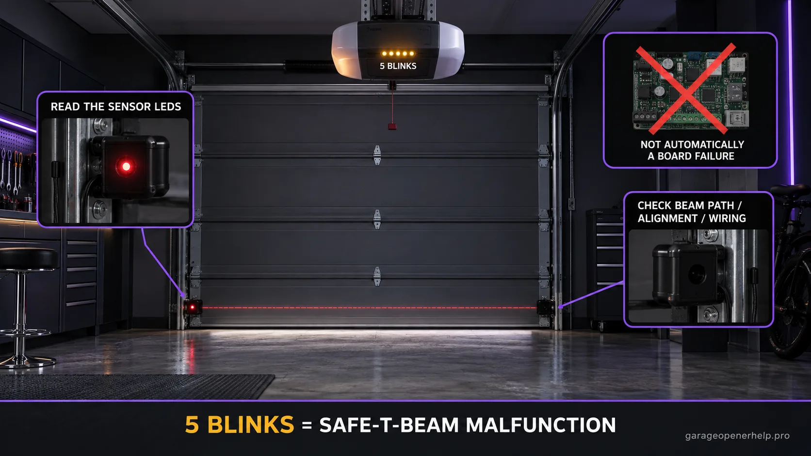 Genie Excelerator opener with five status-light blinks and a floor-level Safe-T-Beam sensor pair, one LED red and one dark, labelled to read the sensor LEDs and check the beam path.