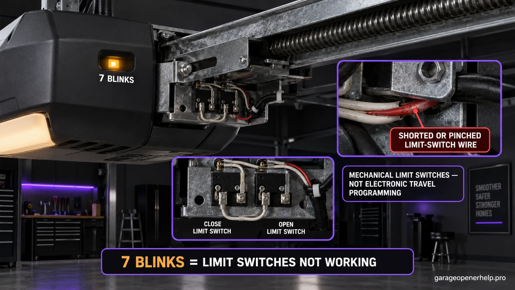 Close view of a Genie Excelerator screw-drive rail end and limit-switch bracket with seven status-light blinks and a shorted or pinched limit-switch wire highlighted at the powerhead terminals.
