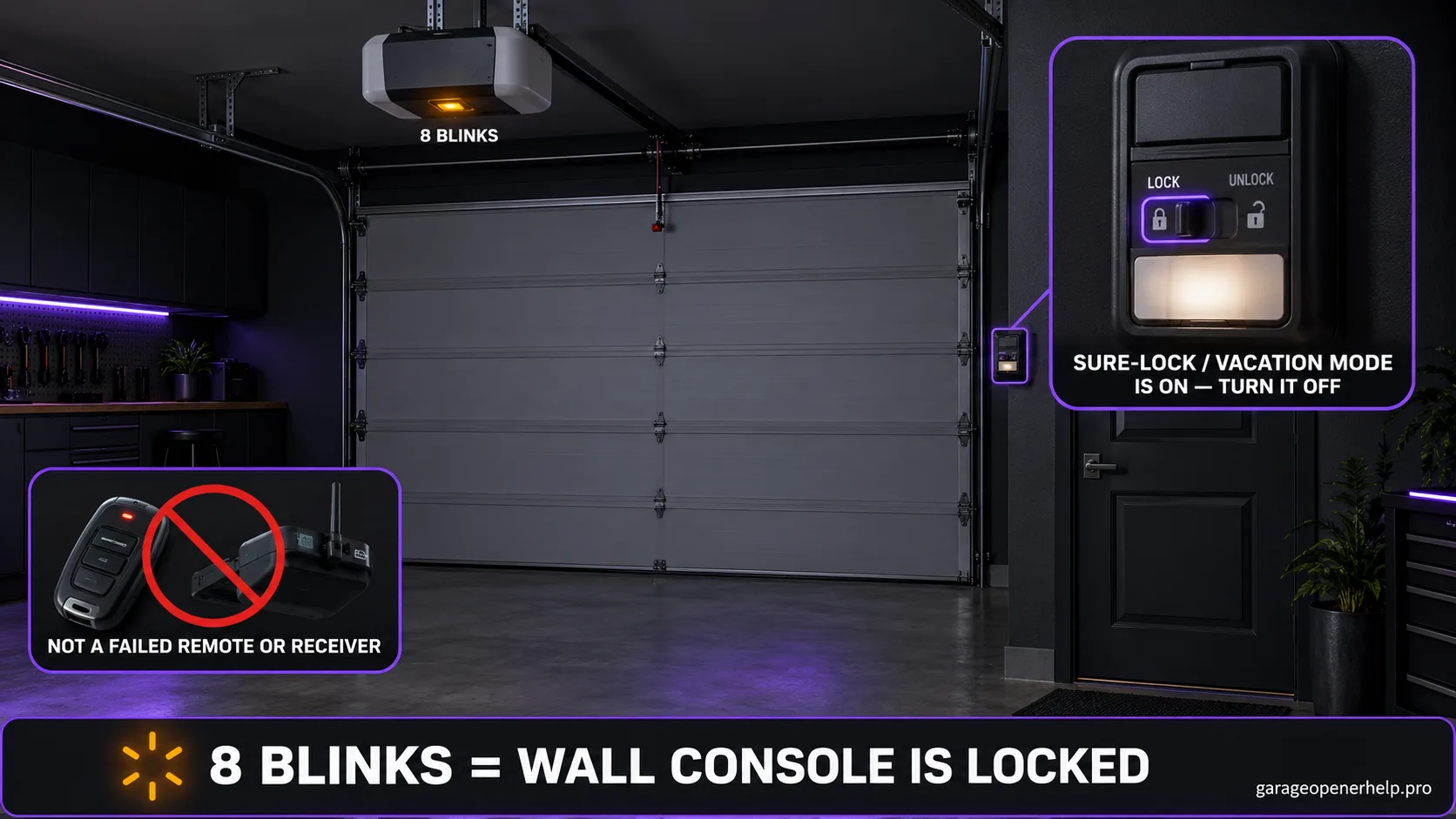 Genie Excelerator opener with eight status-light blinks, the door closed, and a Series II wall console with the Sure-Lock / vacation switch in the lock position highlighted.