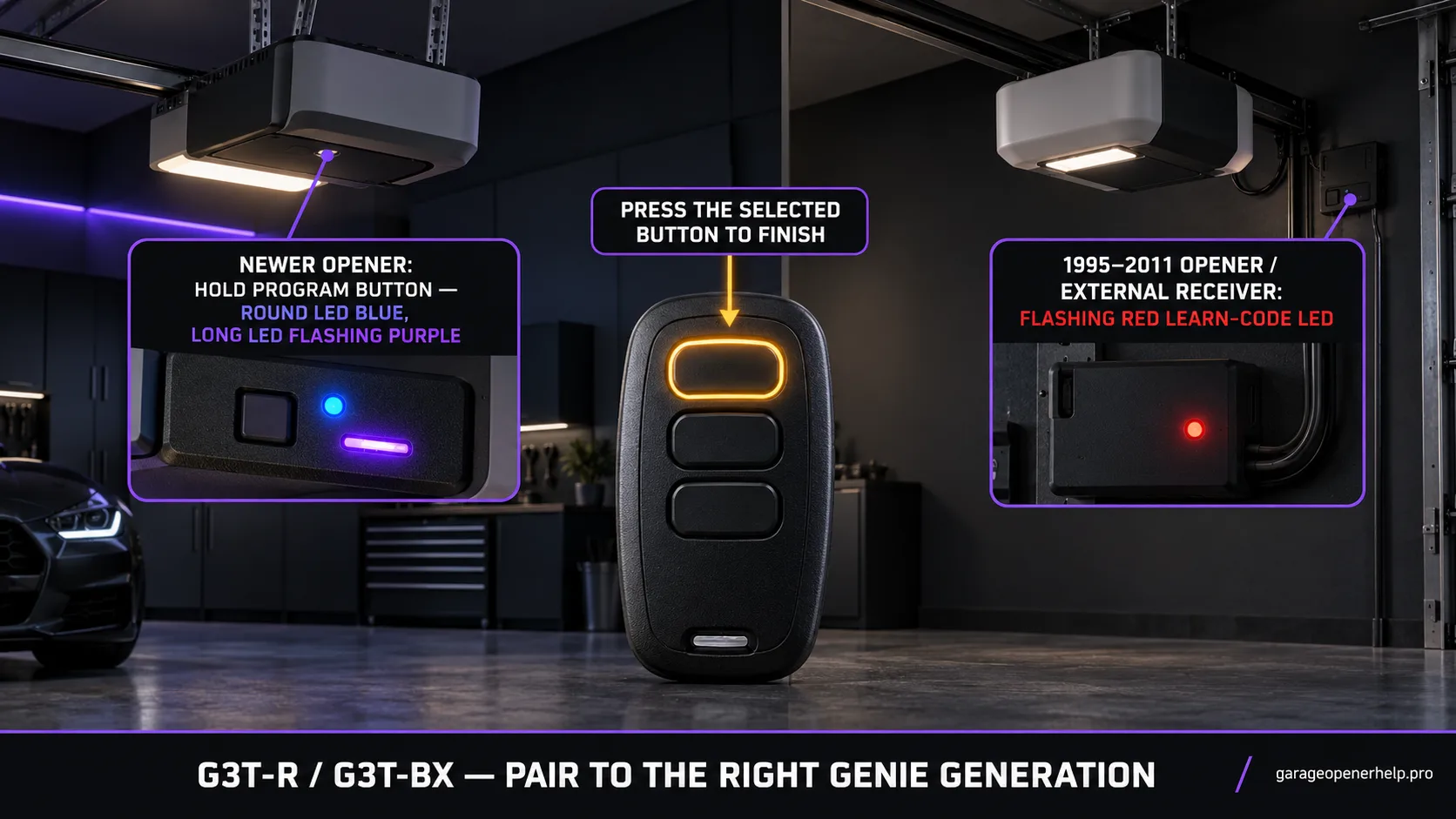Genie G3T-R three-button remote with a newer Program-button branch showing a blue round LED and flashing purple long LED, and a 1995 to 2011 flashing-red Learn-Code branch.