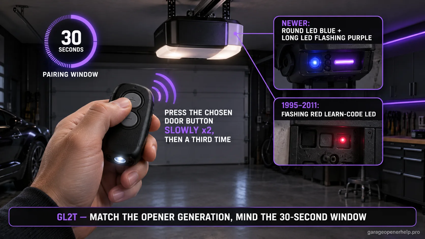Genie GL2T two-button flashlight remote with a thirty-second pairing window, a newer blue-and-purple LED branch and a 1995 to 2011 flashing-red Learn-Code branch.