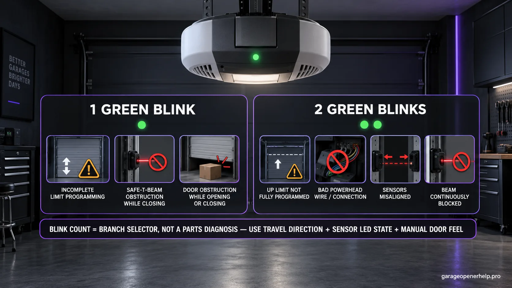 Comparison chart for a Genie 1022/2022-family powerhead green diagnostic LED: one blink lists incomplete limits, a closing Safe-T-Beam obstruction and a door obstruction; two blinks list an unprogrammed UP limit, bad powerhead wiring, misaligned sensors and a continuously blocked beam.