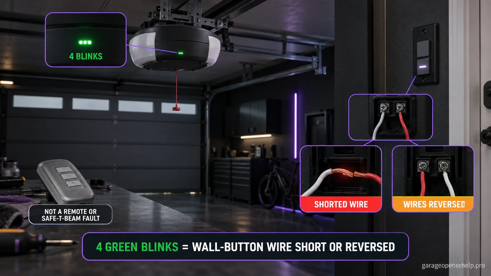 Genie round-body opener with the green powerhead LED pulsing four times, the wired wall control's low-voltage wires shown shorted and reversed at the terminals, and a remote set aside.