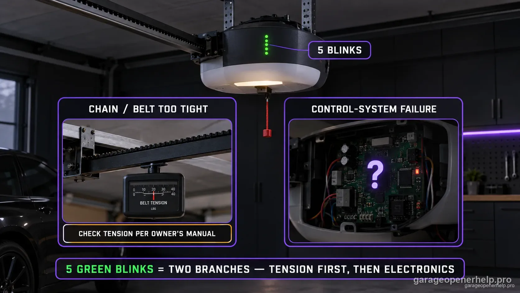 Genie round-body opener with the green powerhead LED pulsing five times and two labelled branches: an over-tensioned drive belt with a tension gauge, and a powerhead control board marked with a question mark.