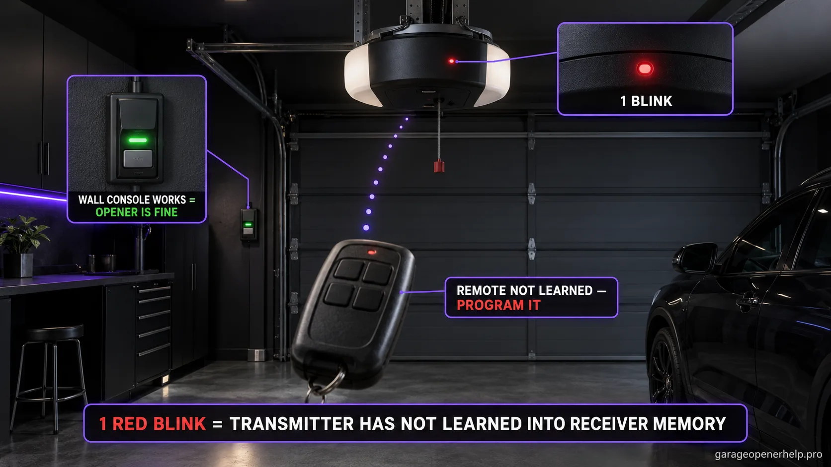 Genie round-body opener with the red powerhead LED pulsing once, a lit wired wall console shown working, and a handheld remote linked by a dotted line to the powerhead receiver labelled not learned.