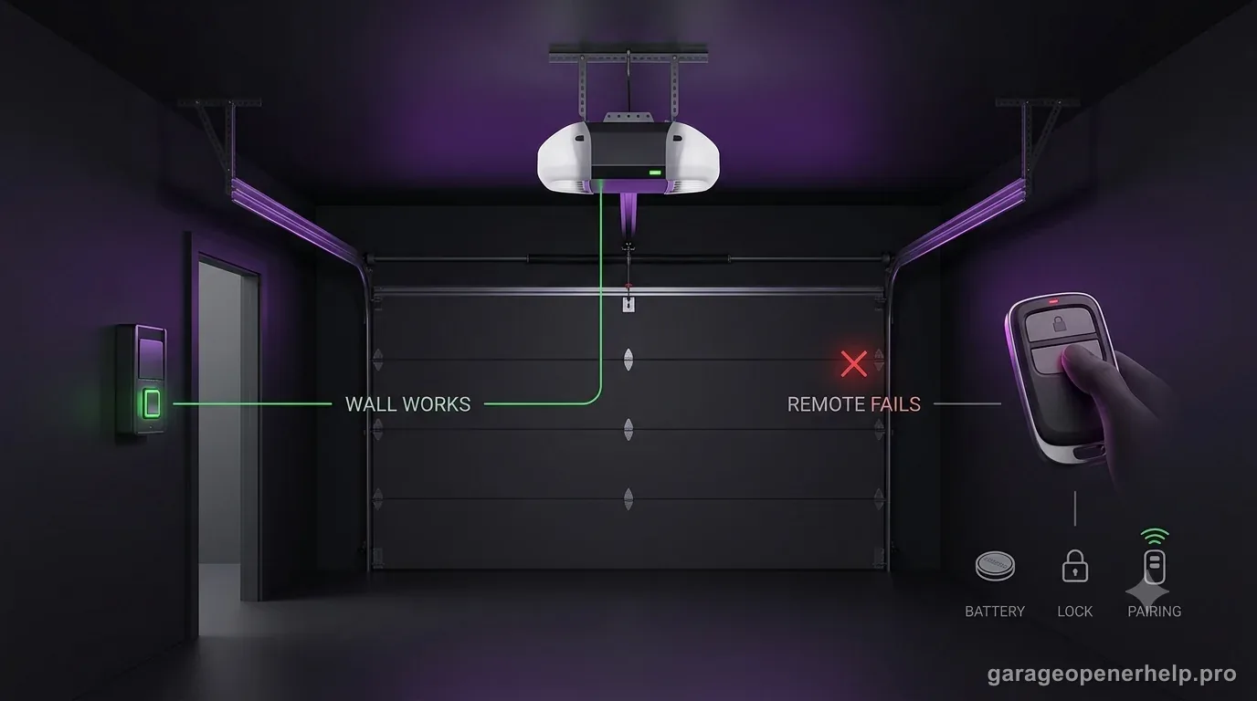 Garage opener troubleshooting illustration showing a working wall control path and a failed handheld remote path with battery, lock mode, and pairing clues.