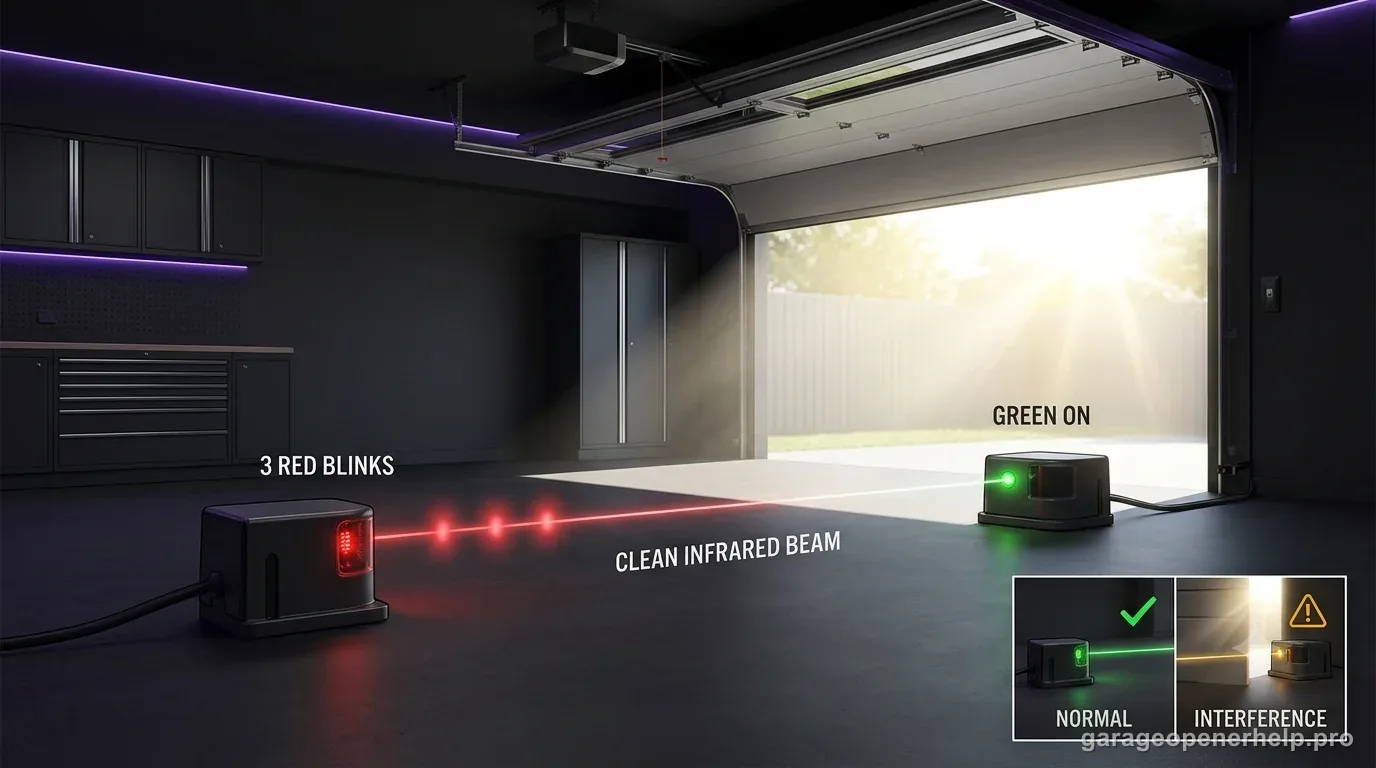Genie Safe-T-Beam illustration showing three red source LED blinks with the green receiver LED on and sunlight interference affecting the infrared safety beam.