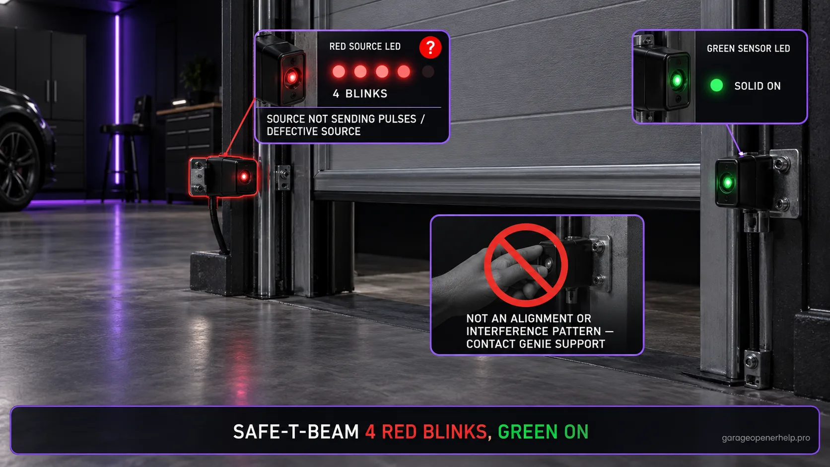 Genie Safe-T-Beam with the red source LED pulsing four times and the green sensor LED solid on, the source unit flagged as not sending pulses or defective.