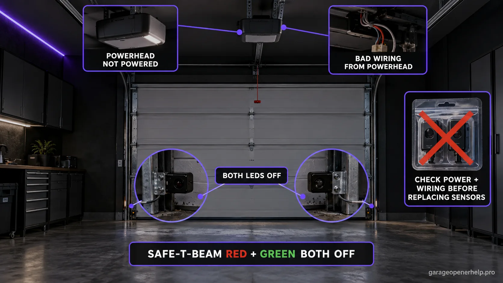 Genie Safe-T-Beam sensor pair at the base of a door with both the red and green LEDs dark, two branch callouts pointing to the ceiling powerhead for no power and bad wiring, and a crossed-out replacement sensor.