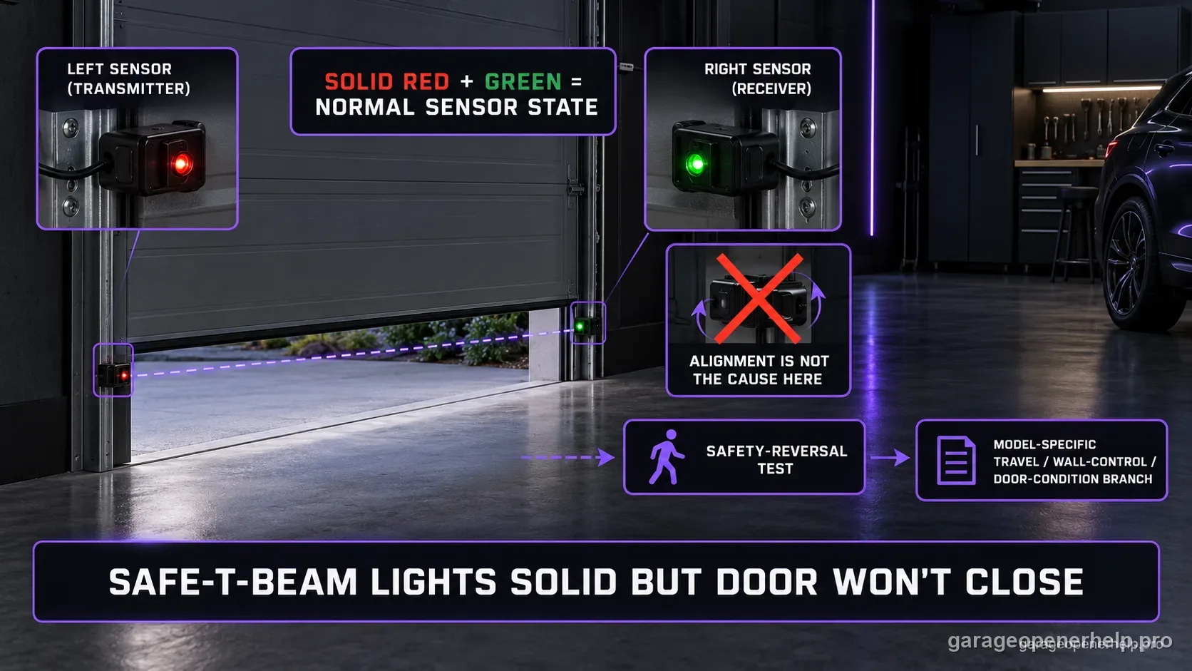 Genie Safe-T-Beam with both LEDs solid labelled normal sensor state, a crossed-out realignment, and steps to run the safety-reversal test then move to model-specific branches.