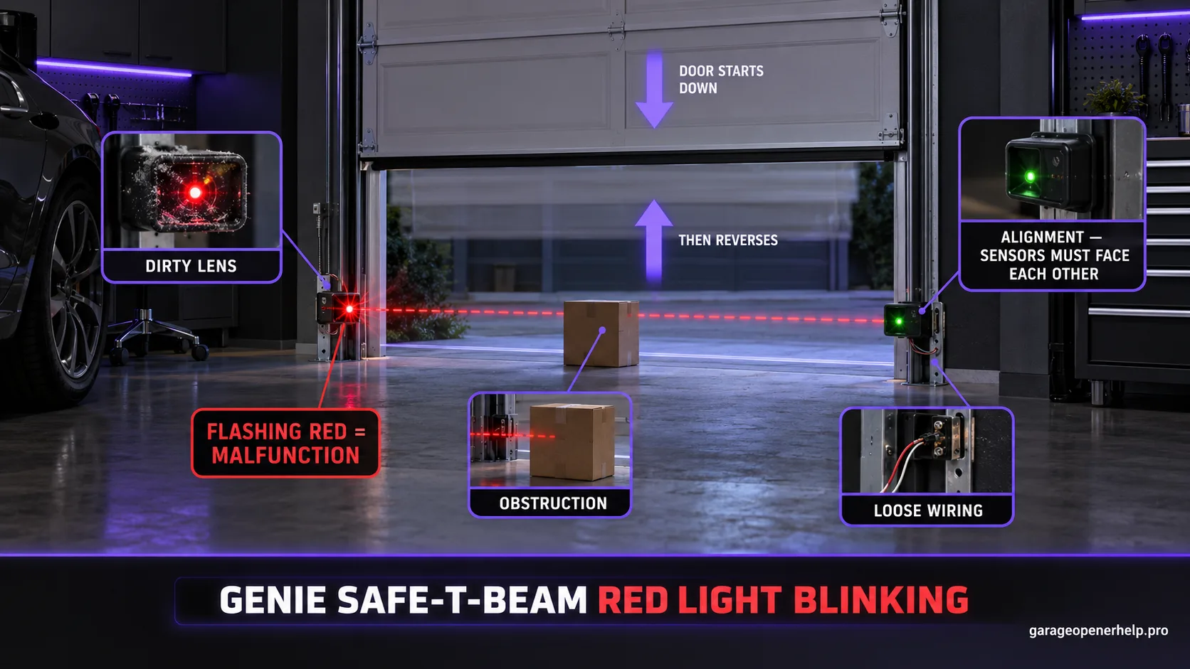 Genie Safe-T-Beam sensor pair with the red source LED flashing and callouts for a dirty lens, an obstruction, loose wiring and alignment, while the door starts down then reverses.