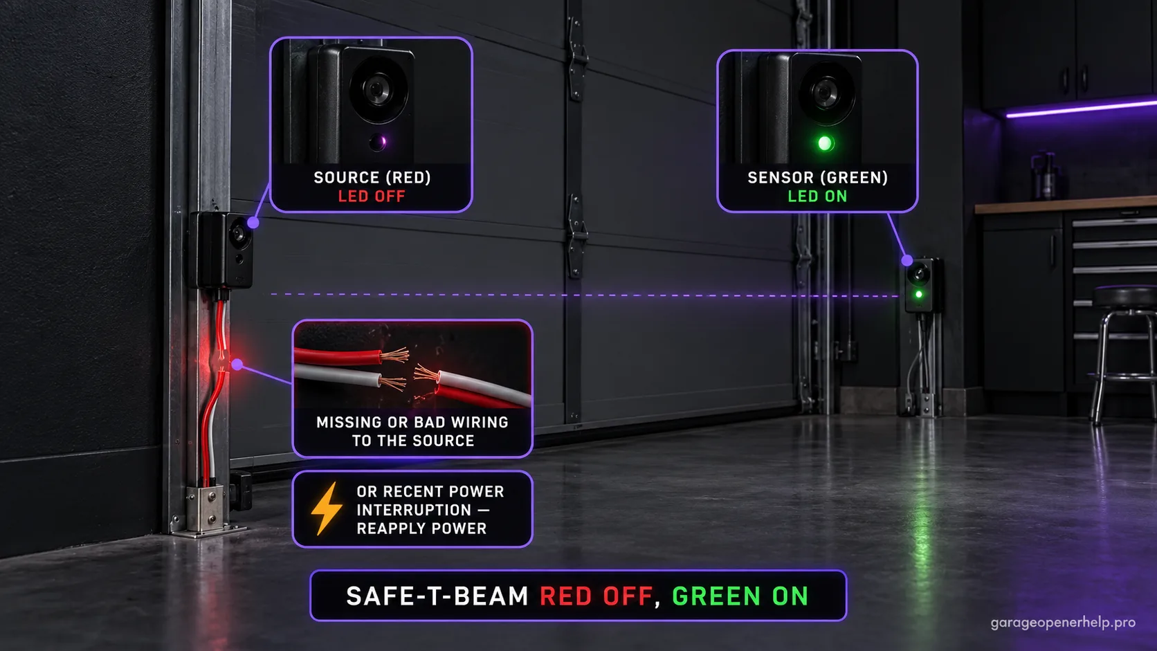 Genie Safe-T-Beam with the red source LED off and the green sensor LED on, the wiring to the source side shown broken, plus a note about a recent power interruption.