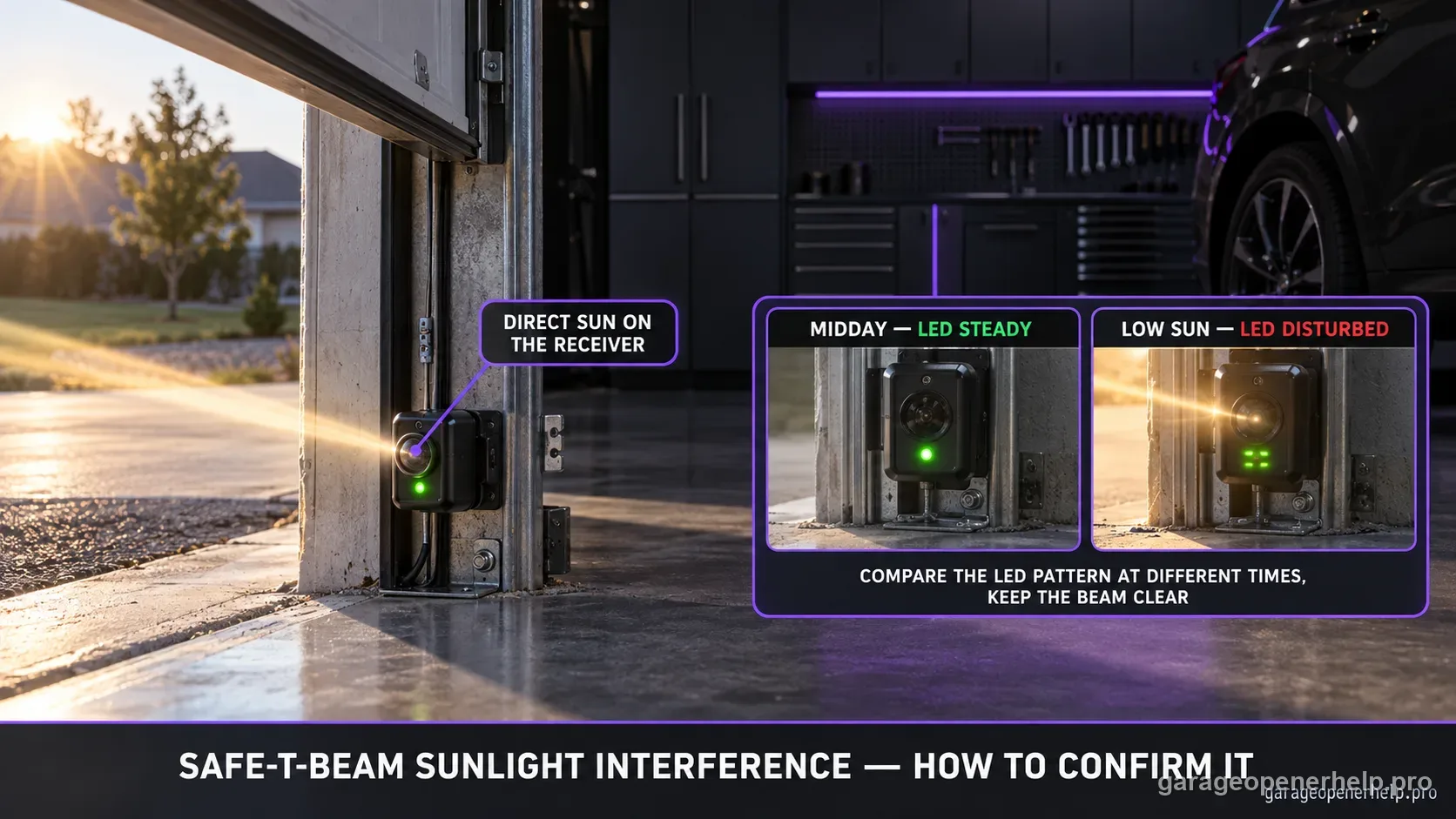 Genie Safe-T-Beam receiving sensor with direct low-angle sun on its lens, and a midday-versus-low-sun comparison of the green LED behaviour.